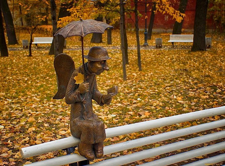 Angel In The Park, angel, bench, benches, leaves, autumn, book, park, fall, trees, umbrella, statue, HD wallpaper