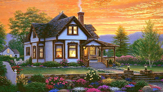романтичен, очарователен, естествен, уютен, театрална природа, селска къща, пейзаж, озеленяване, вечер, вила, живопис, провинция, селска къща, държава, къща, природа, дом, живопис, HD тапет HD wallpaper