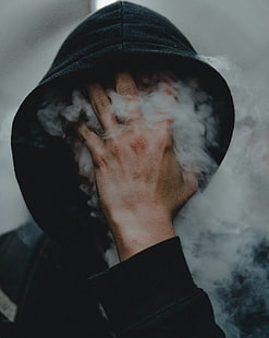  people, smoke, touching face, covering face, vertical, black clothing, hoods, bokeh, simple background, hands, men, natural light, HD wallpaper HD wallpaper