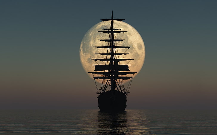 Luna, barco, velero, mar, Fondo de pantalla HD