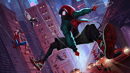 Филм, Spider-Man: Into The Spider-Verse, Gwen Stacy, Marvel Comics, Miles Morales, Spider-Ham, Spider-Man, Spider-Man Noir, HD тапет HD wallpaper