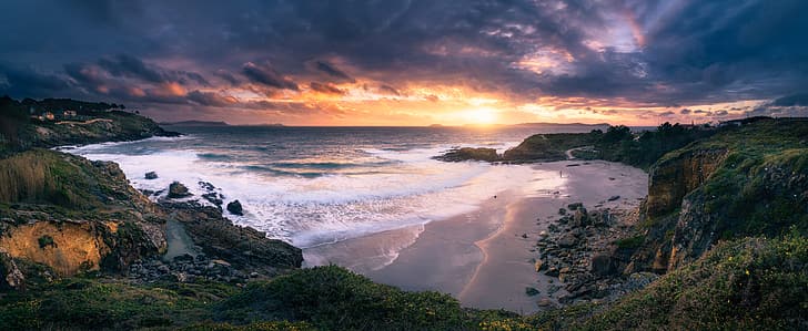 Strand, Sonnenuntergang, Ozean, Felsen, Küste, Spanien, Atlantik, Galicien, Atlantik, Sanxenxo, Playa de Paxariñas, HD-Hintergrundbild