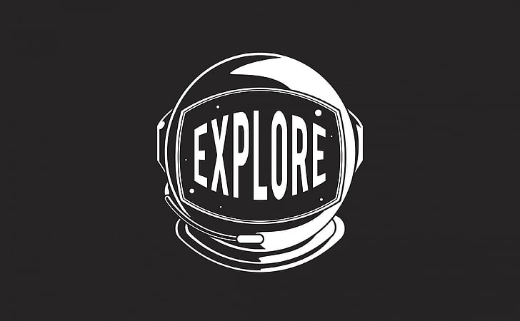Explore 2, ilustración de exploración en blanco y negro, Artística, Tipografía, Espacio, Diseño, Astronauta, Gráfico, Casco, Explorar, Fondo de pantalla HD