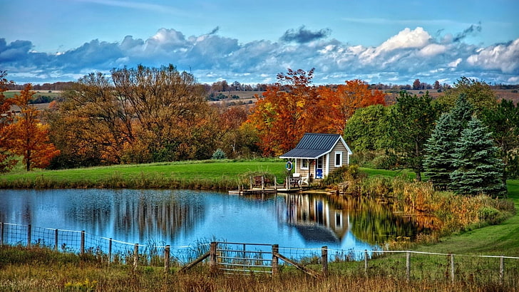 nature, landscape, lake, house, HDR, HD wallpaper