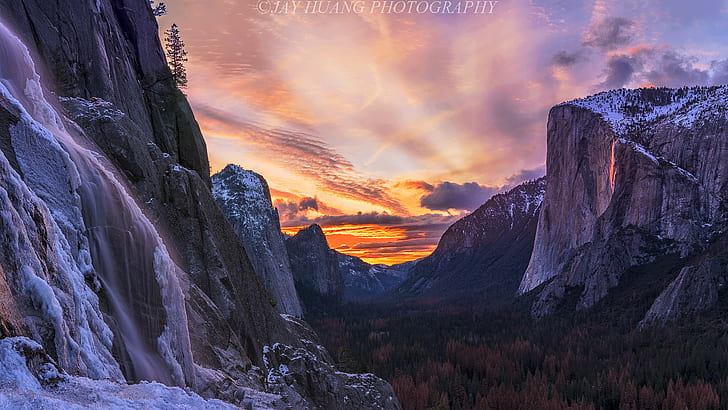 chain mountains and trees under brown clouds and blue sky at sunset, Ice and Fire, chain, mountains, trees, brown, clouds, blue sky, Yosemite Park, Horsetail Fall, Ice Cold, Cold Water, Water Fall, Reverse, Tunnel View, Sunset, Burn, California, nature, mountain, landscape, scenics, outdoors, rock - Object, beauty In Nature, HD wallpaper