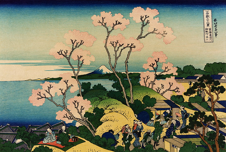 일본 호쿠사이, 잉크, 벚꽃, 후지산, HD 배경 화면