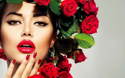 Dziewczyna Model Makeup Look Roses Kwiaty, dziewczyna, modelka, makijaż, spojrzenie, róże, kwiaty, Tapety HD HD wallpaper