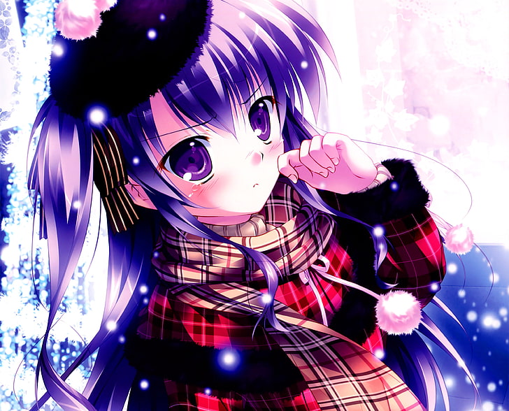 personnage anime aux cheveux violet, fille, chapeau, neige, Fond d'écran HD