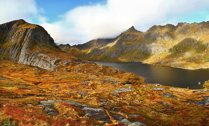 autumn, grass, lake, mountain, Norway, Agvatnet, HD wallpaper