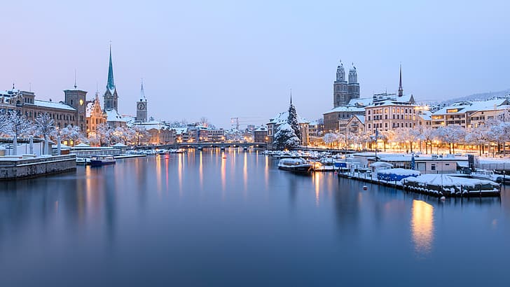 winter, river, building, home, Switzerland, pier, Zurich, Limmat River, Река Лиммат, HD wallpaper