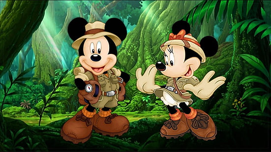 정글 사파리 데스크탑 Hd에서 미키 마우스와 미니 마우스 만화 방향 배경 화면 1920 × 1080, HD 배경 화면 HD wallpaper