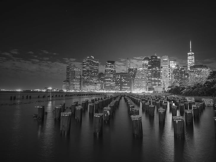 gray scale photo of high rise city buildings, NY, skyline, gray scale, high rise, city, buildings, new york, travel, bn, bw, long exposure, night photography, nightscape, me, olympus, m5, cityscape, river, urban Skyline, black And White, night, architecture, skyscraper, urban Scene, uSA, famous Place, new York City, reflection, downtown District, HD wallpaper