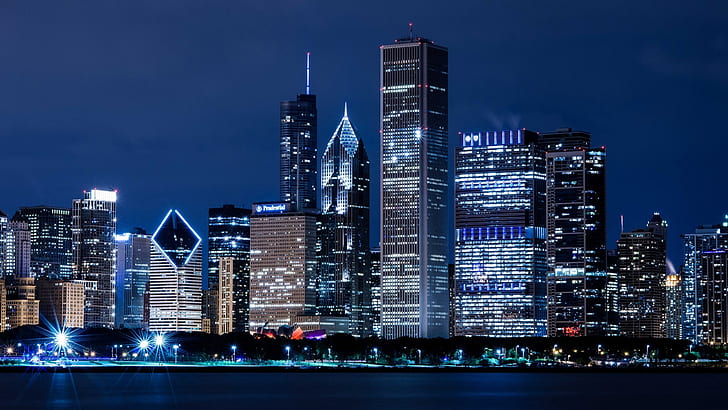 United States, Illinois, Chicago, skyscrapers, city night lights, United, States, Illinois, Chicago, Skyscrapers, City, Night, Lights, HD wallpaper