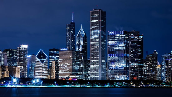 США, Иллинойс, Чикаго, небоскребы, ночные огни города, США, Иллинойс, Чикаго, небоскребы, город, ночь, огни, HD обои HD wallpaper