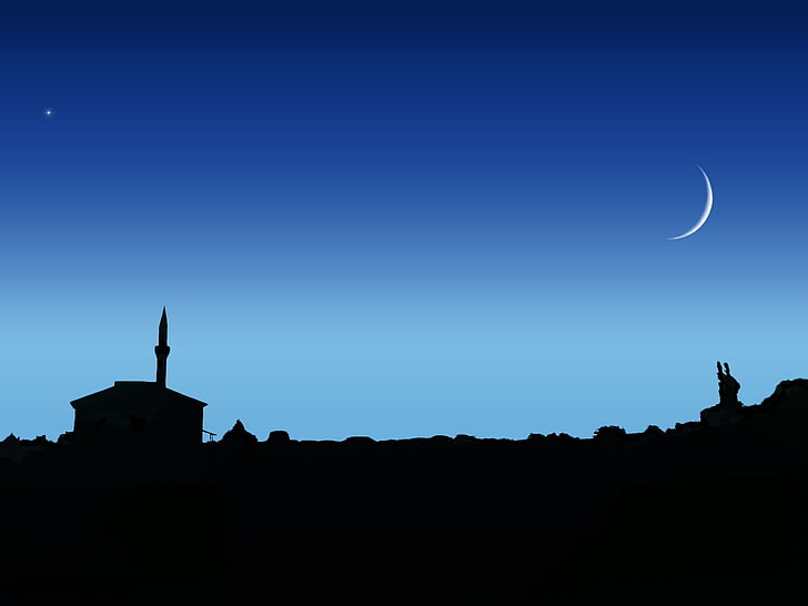 sagoma del paesaggio urbano sotto falce di luna, cielo, notte, luna, stella, moschea, Sfondo HD