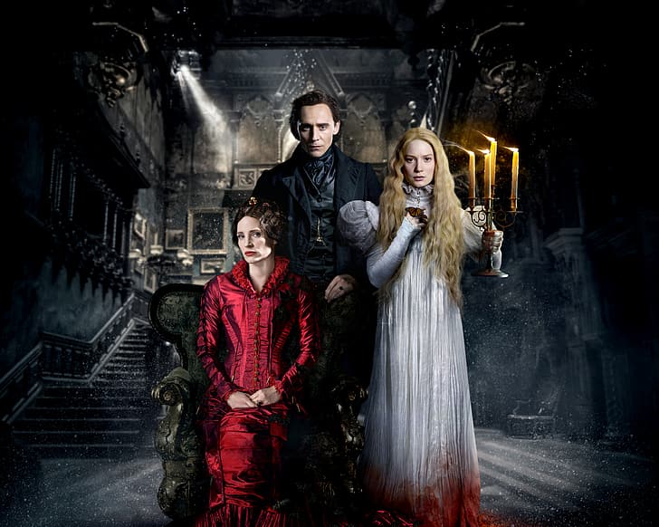 Girl, House, Red, Fantasy, Home, Legendary Pictures, White, Family, Woman, Horror, Year, EXCLUSIVE, Crimson, Tom Hiddleston, Man, Hair, Dress, Butterfly, Jessica Chastain, Romance, Edith, Thriller, Mystery, Universal Pictures, 2015, Peak, MIA Wasikowska, Blone, Candlestick, Crimson Peak, Lady Lucille Sharpe, Sir Thomas Sharpe, Cushing, Candles, HD wallpaper