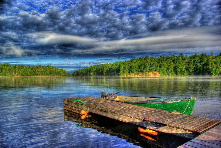 perahu kano hijau dekat pelabuhan, Tyson, Danau, Marina, Killarney Ontario, hijau, kano, pelabuhan, dermaga, perahu nelayan, ontario utara, hdr, pohon, air, Kanada, alam, lanskap, di luar ruangan, refleksi, hutan, pemandangan, langit, pohon, Adegan tenang, biru, Wallpaper HD