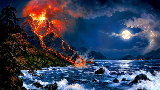 eruption of volcano, sea, full moon, eruption, volcano, mountain, fantasy, HD wallpaper HD wallpaper