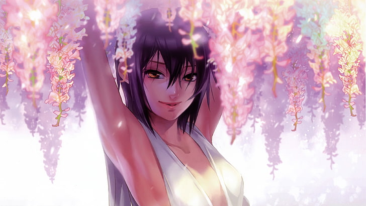 schwarzhaarige weibliche Figur mit weißen Oberteilen digitale Tapete, Anime-Mädchen, originelle Charaktere, Blumen, HD-Hintergrundbild