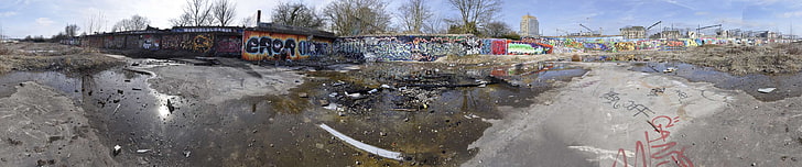 4k, abandoned, building, burned wood, city, cool, dirty, graffiti, panorama, streetart, utrecht, HD wallpaper