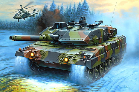 зелен и сив илюстрация на боен танк, фигура, хеликоптер, Германия, Enzo Maio, леопард 2, основен боен танк, Бундесвер, HD тапет HD wallpaper