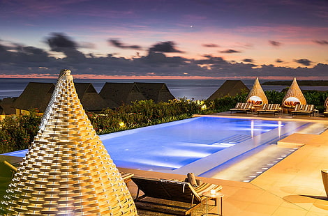Sunset Pool in Fiji, ocean, dusk, pool, view, island, orange, tropical, lagoon, sunset, fiji, paradise, swimming, lights, exot, HD wallpaper HD wallpaper