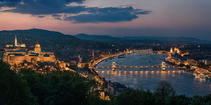 река, панорама, мостове, нощен град, Унгария, Будапеща, река Дунав, замък Буда, верижен мост, река Дунав, HD тапет