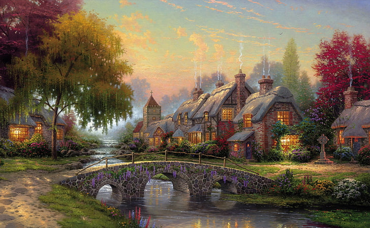 Puente de adoquines de Thomas Kinkade, casa pintada de marrón cerca de la pintura del río, artístico, dibujos, puente, adoquines, Thomas, Kinkade, Fondo de pantalla HD