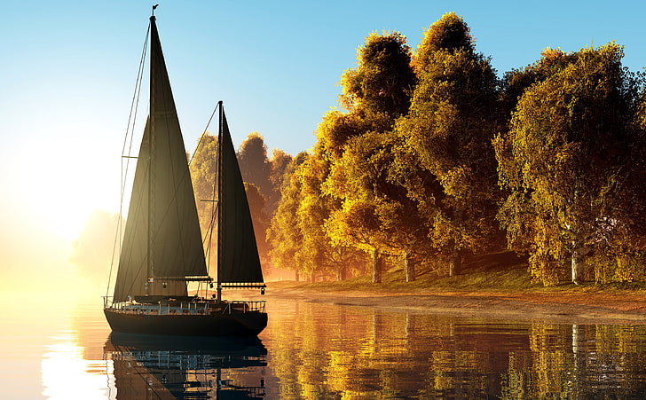 musim gugur, matahari, pohon, kabut, sungai, fajar, pantai, pagi, kuning, kapal pesiar, layar, Grafik 3D, Wallpaper HD