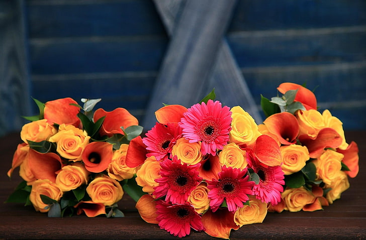 three yellow rose flowers, orange calla lilies, and pink Gerbera daisy flowers bouquets, roses, gerbera, calla lilies, bouquet, orange, three, HD wallpaper