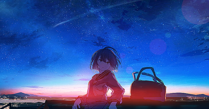 Аниме, оригинал, сумка, девушка, звездное небо, закат, HD обои