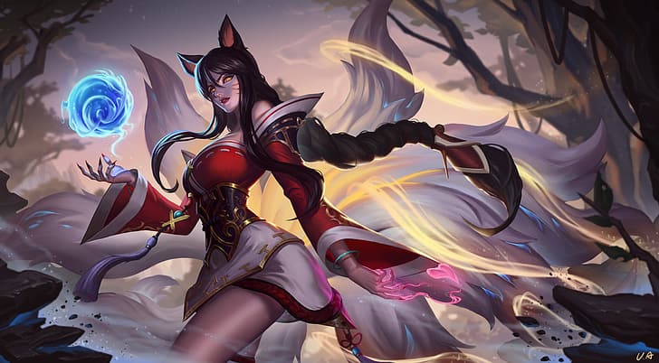 Unstable Anomaly, drawing, League of Legends, women, Ahri, fox girl, magician, spell, orb, dress, long hair, looking at viewer, face paint, nine tails, HD wallpaper