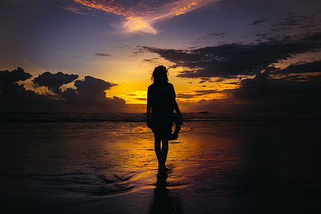 فتاة ، امرأة ، 5K ، صورة ظلية ، غروب الشمس ، الشاطئ، خلفية HD HD wallpaper