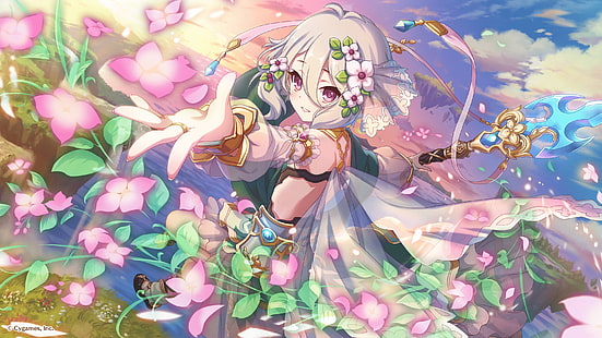  Kokkoro (Princess Connect), purple eyes, white hair, flowers, blush, short hair, clouds, sky, petals, see-through dress, HD wallpaper HD wallpaper