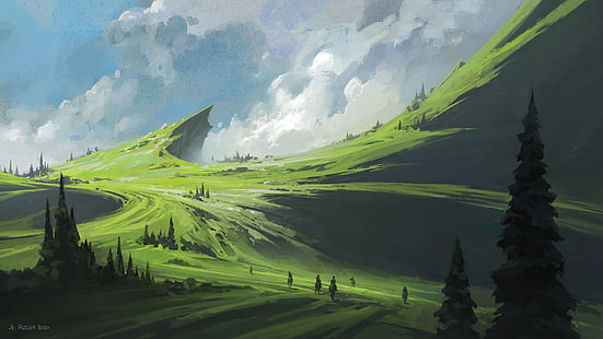  field, mountains, trees, digital art, artwork, painting, clouds, grass, green, HD wallpaper HD wallpaper