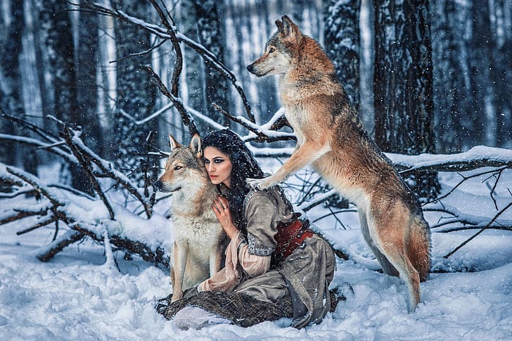 winter, forest, girl, snow, pose, dress, brunette, wolves, Алёна Беляева, by Александра Савенкова, HD wallpaper