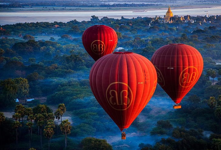 träd, landskap, natur, staden, dimma, flod, ballonger, gryning, morgon, tak, tempel, kupolen, Myanmar, Bagan, HD tapet