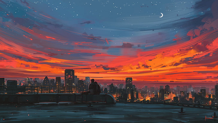 silhouette uomo e donna in cima all'edificio durante l'ora d'oro sfondo animato, paesaggio urbano, colorato, città, tramonto, cielo, Aenami, Sfondo HD