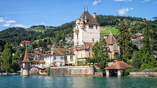 Castillo blanco con techo de ladrillo marrón, castillo Oberhofen, Suiza, lago de Thun, castillo, lago, Fondo de pantalla HD HD wallpaper