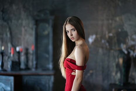 czerwona damska sukienka z odkrytymi ramionami, damska, modelka, twarz, portret, Victoria Lukina, brunetka, Tapety HD HD wallpaper