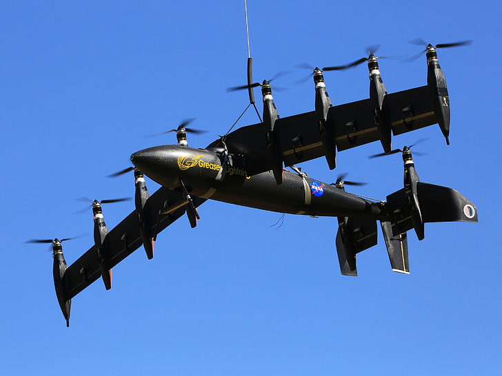 banc rembourré en cuir noir avec cadre en bois marron, avion, hélice, NASA GL-10, drone, Fond d'écran HD