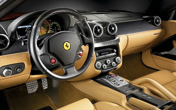 Ferrari 599 GTB Интериор, черен волан за кола на ferrari, интериор, ферари, автомобили, HD тапет