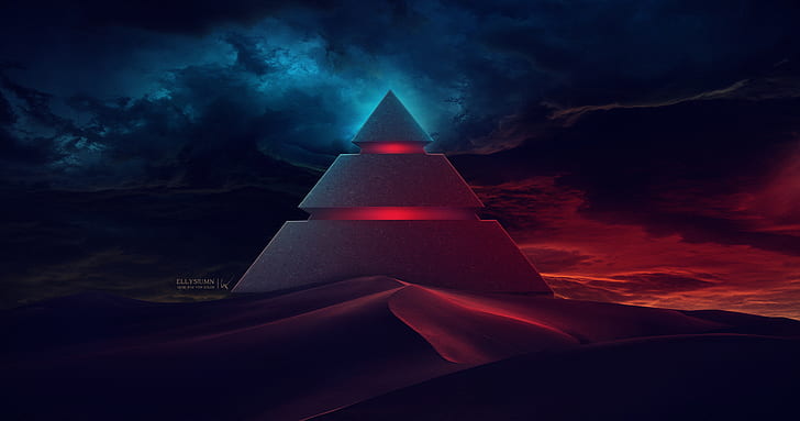 Ellysiumn, pyramid, digital art, sky, dark, red, blue, black, artwork, DeviantArt, HD wallpaper