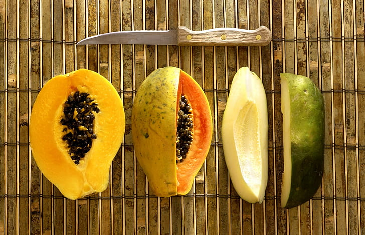 food, fruit, knife, papaya, HD wallpaper