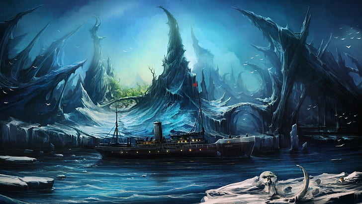 черный корабль иллюстрация, фэнтези арт, произведения искусства, корабль, HD обои