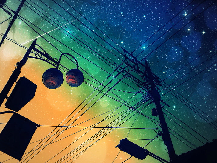 silhouette photo of electricity post, night, shooting stars, HD wallpaper
