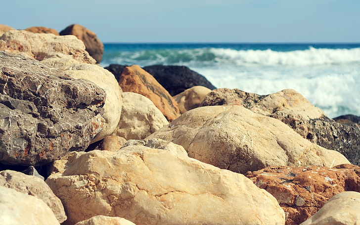 beach, sea, coast, stones, nature, rock, HD wallpaper