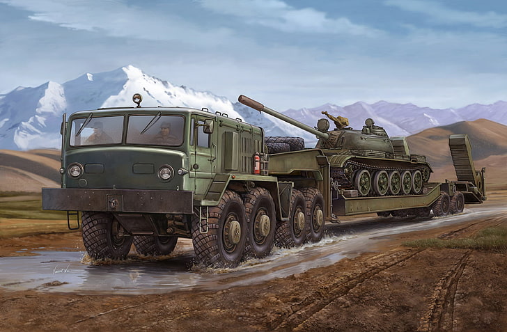 green war tank on truck digital wallpaper, engine, art, artist, Russia, military, tractor, for, saddle, designed, conveyor, transportation, goods, tank, installed, Vincent Wai., 12-, cylinder, diesel, car, D-12A-525А, four-axle, T-55, MAZ-537, the trailer, HD wallpaper