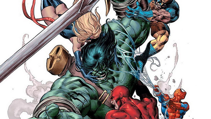 Невероятна илюстрация на Hulk, комикси, Wolverine, Hulk, Spider-Man, Daredevil, Marvel Comics, Ms. Marvel, HD тапет