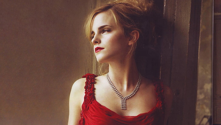 Emma Watsom, women's red dress, Emma Watson, blonde, red dress, celebrity, actress, women, necklace, face, portrait, HD wallpaper